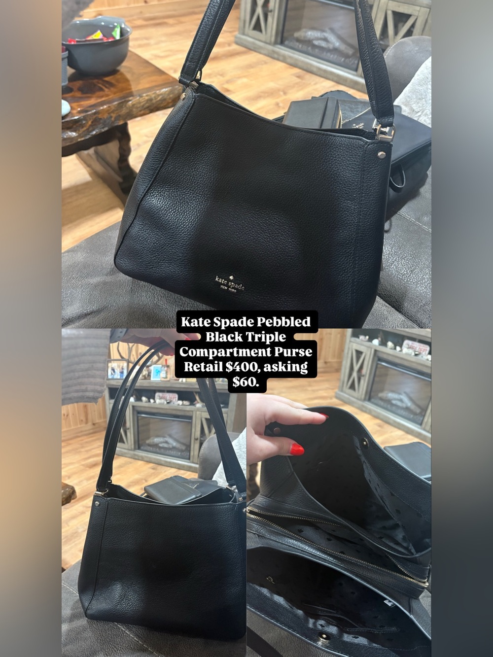 kate spade Black Pebbled Leather Shoulder Bag with Triple Compartments